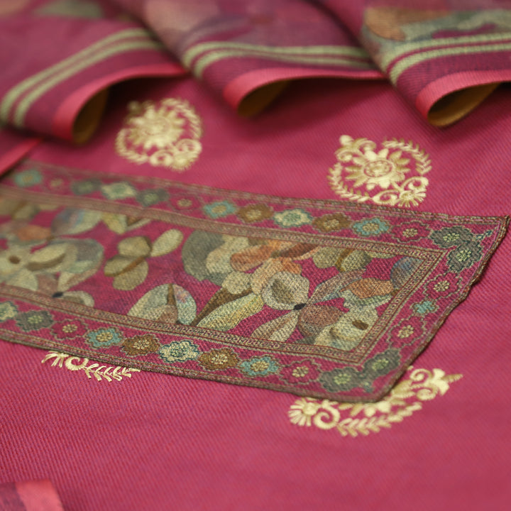अपूर्वा Magenta Pink Floral Print in Embroidery Floral Work Semi Pashmina Winter Set