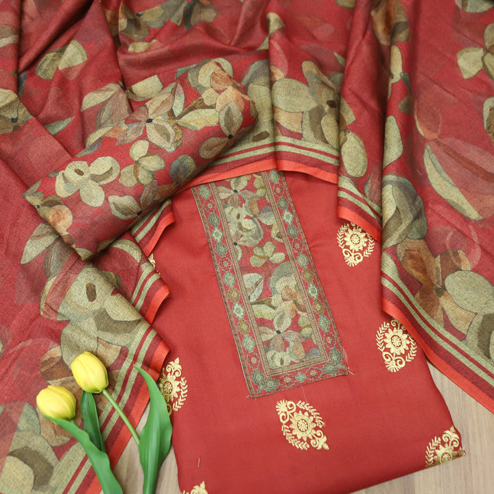 अपूर्वा Coral Blush Floral Print in Embroidery Floral Work Semi Pashmina Winter Set