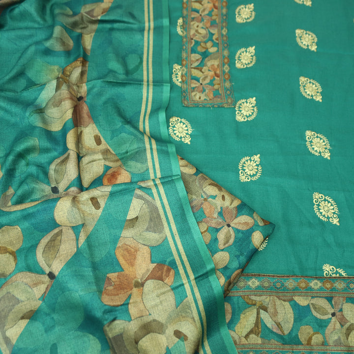 अपूर्वा Emerlad Teal Floral Print in Embroidery Floral Work Semi Pashmina Winter Set