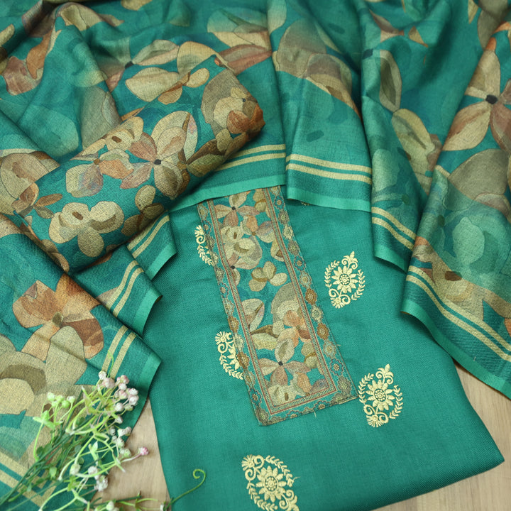अपूर्वा Emerlad Teal Floral Print in Embroidery Floral Work Semi Pashmina Winter Set