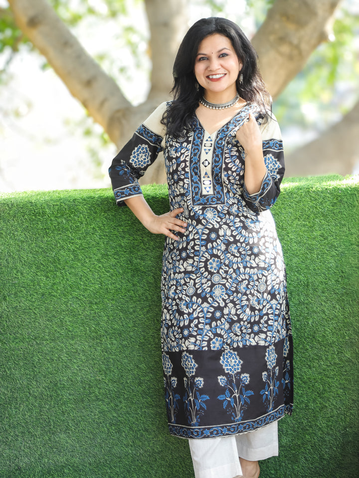 Palki Midnight Black V Neck Mirror Work Kalamkari Floral Printed Cotton Kurti