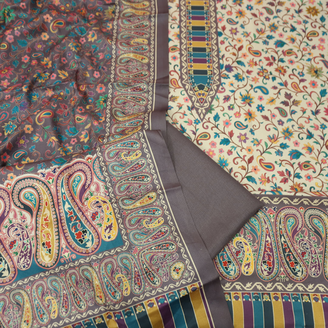 दीक्षा Cream Beige with Grey Kanni Floral Printed Work Semi Pashmina Winter Set