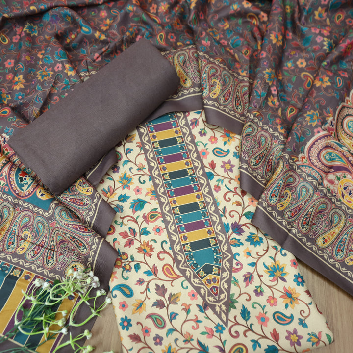 दीक्षा Cream Beige with Grey Kanni Floral Printed Work Semi Pashmina Winter Set