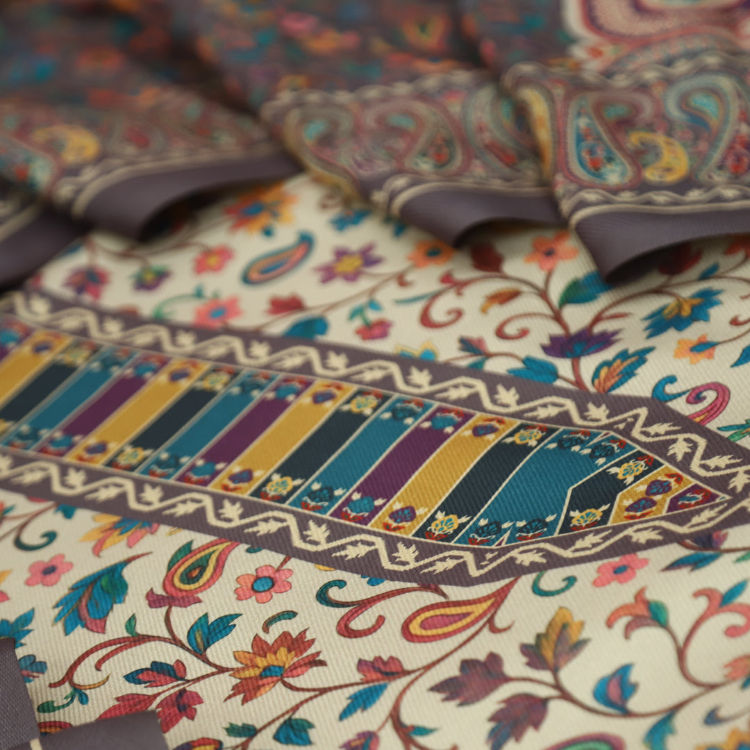 दीक्षा Cream Beige with Grey Kanni Floral Printed Work Semi Pashmina Winter Set