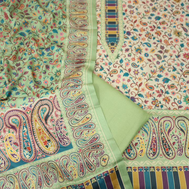 दीक्षा Cream Beige with Mint Green Kanni Floral Printed Work Semi Pashmina Winter Set