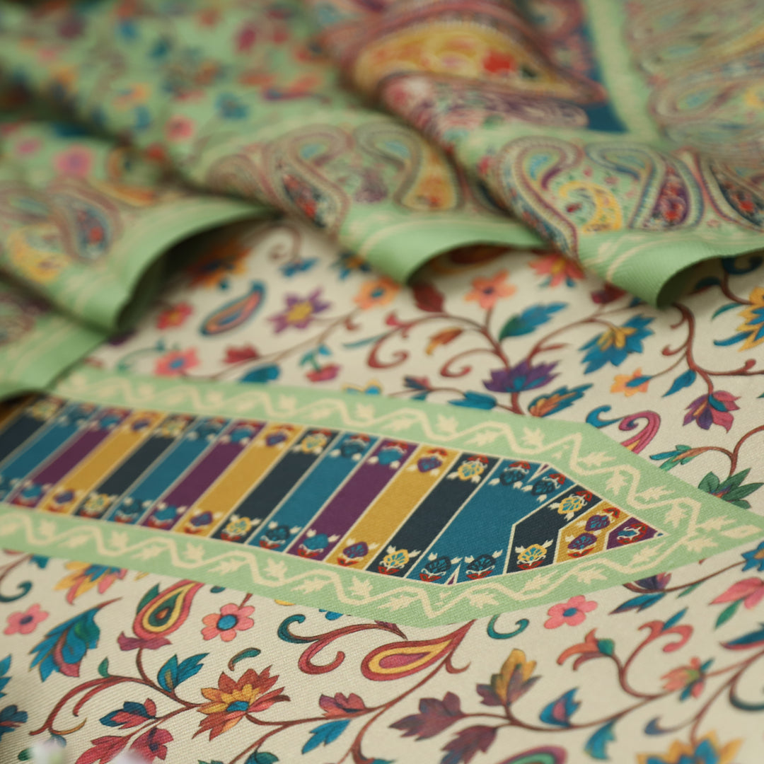 दीक्षा Cream Beige with Mint Green Kanni Floral Printed Work Semi Pashmina Winter Set