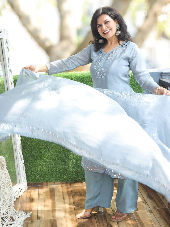 Shelly Chrome Grey Glass Organza 3 Piece Set