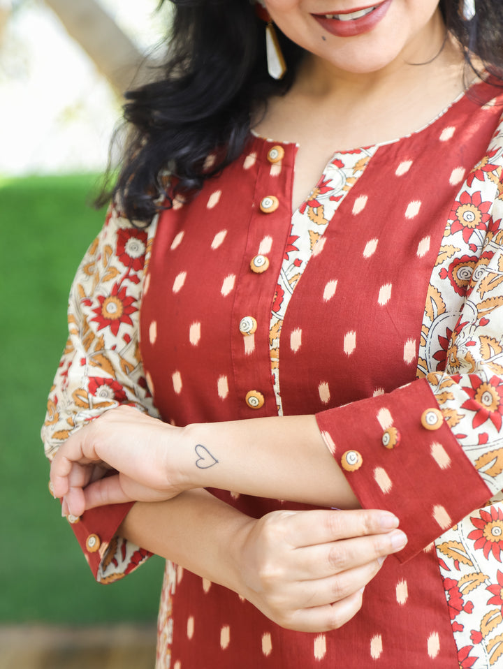 Khushi Barn Red Button Work in Beige Kalamkari Floral Printed Panel Cotton Kurti