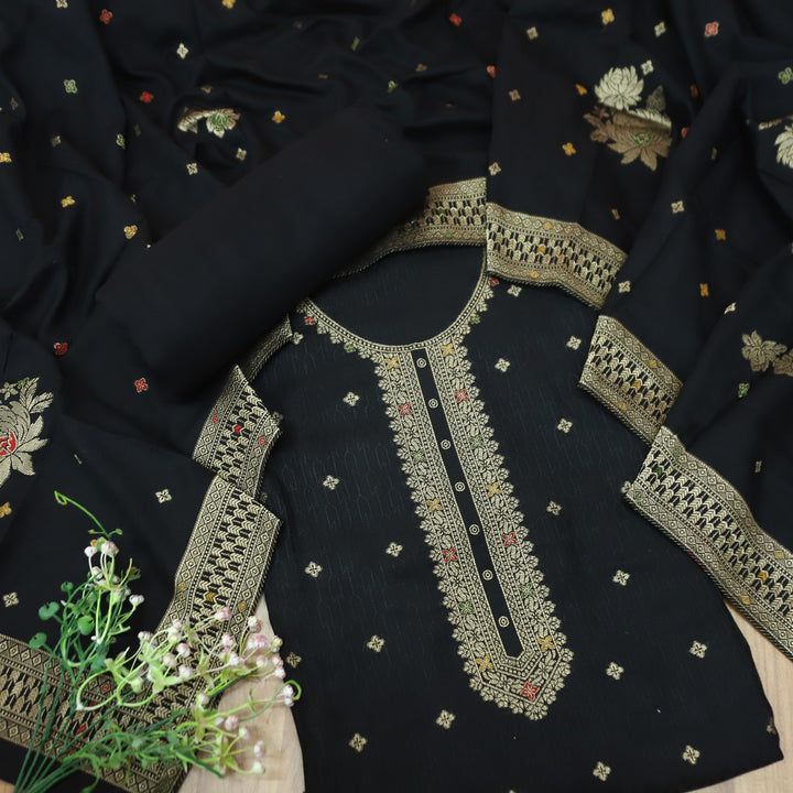 ईशानी Coal Black Balanced by All Over Zari Weaved Work Semi Pashmina Winter Set