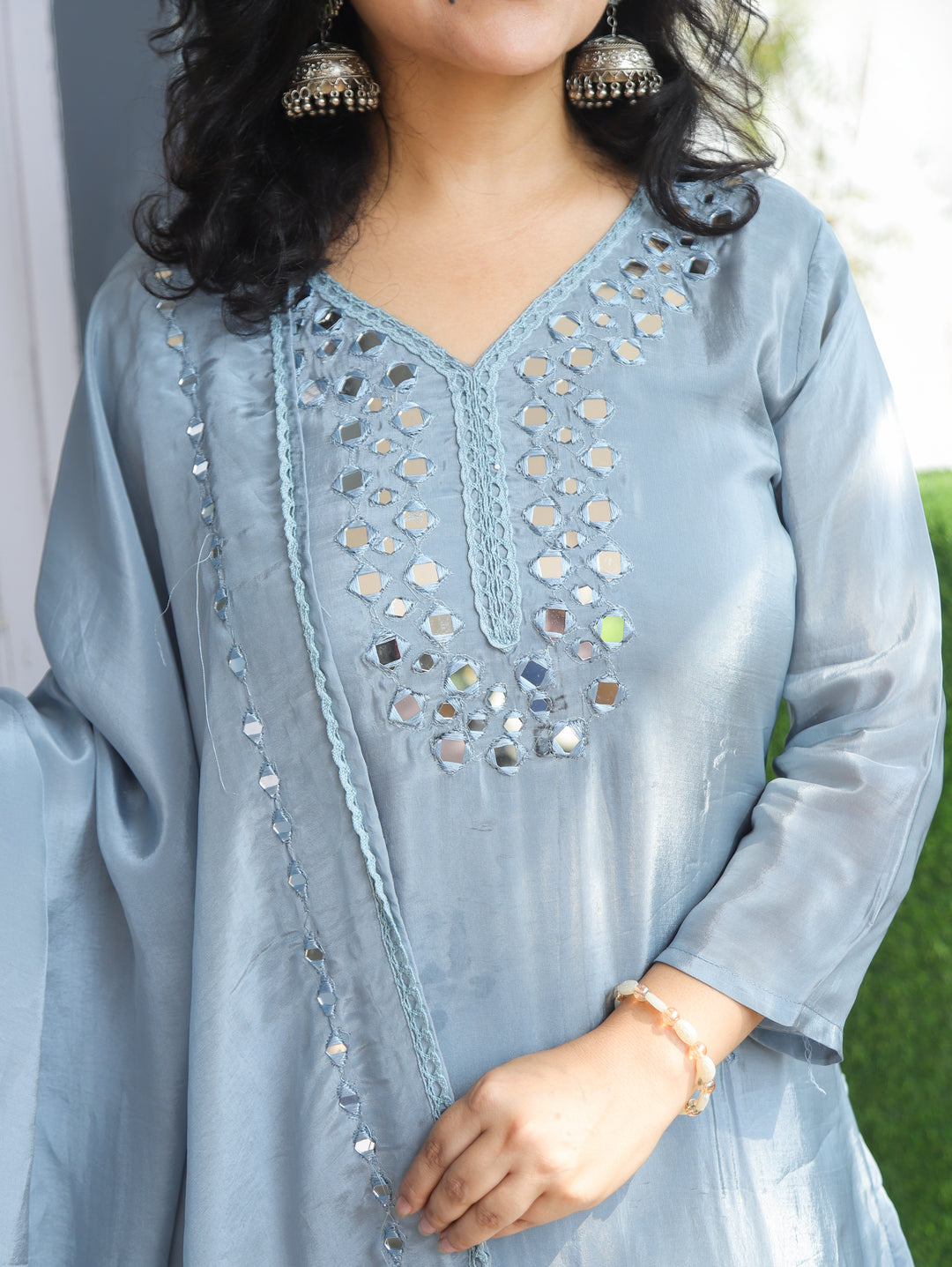 Shelly Chrome Grey Glass Organza 3 Piece Set