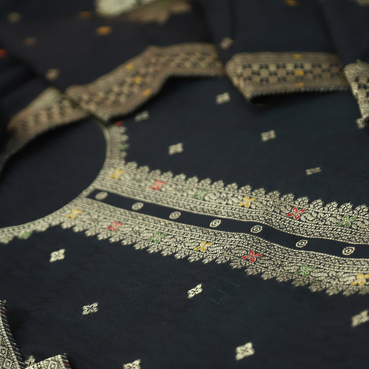 ईशानी Coal Black Balanced by All Over Zari Weaved Work Semi Pashmina Winter Set