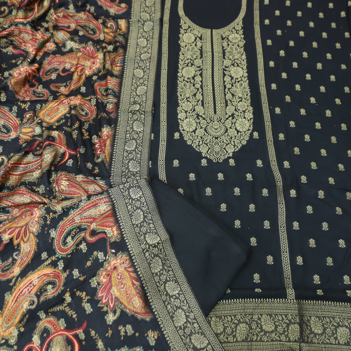 रुक्मणी Kajal Black Zari Weaved in Panel Style Work Semi Pashmina Winter Suit Set