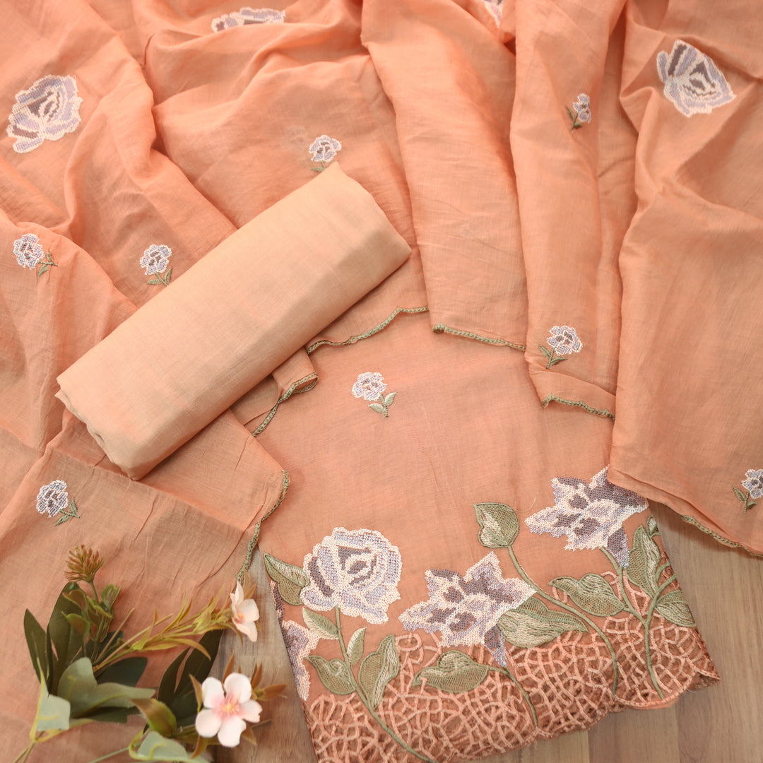 Bilori Coral Peach Cross-Stitch Thread with Jaal Work Mul Chanderi Set