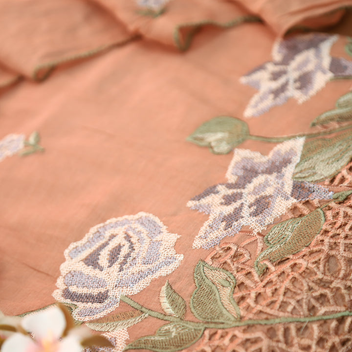 Bilori Coral Peach Cross-Stitch Thread with Jaal Work Mul Chanderi Set