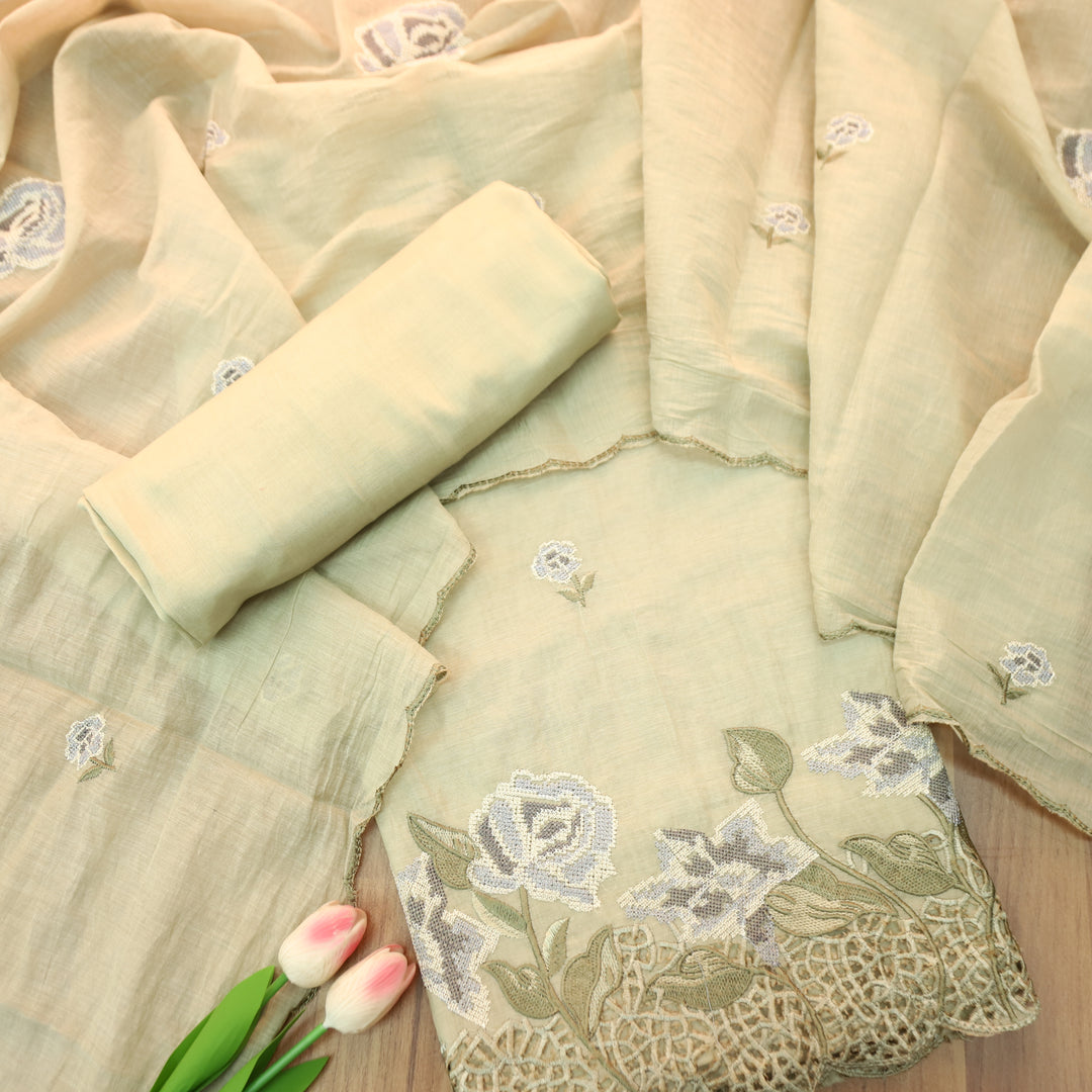 Bilori Tan Beige Cross-Stitch Thread with Jaal Work Mul Chanderi Set