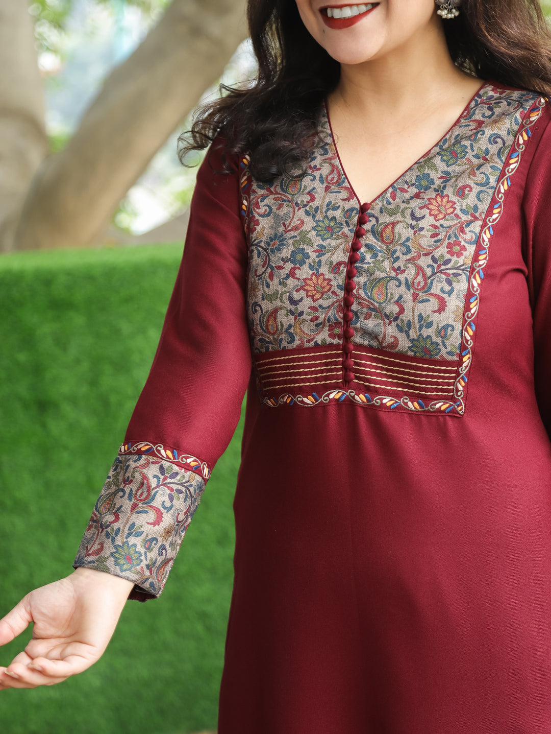 Tarang Maroon Wine Potli Button Work in Kanni Patch Neck Semi Pashmina Winter Kurti