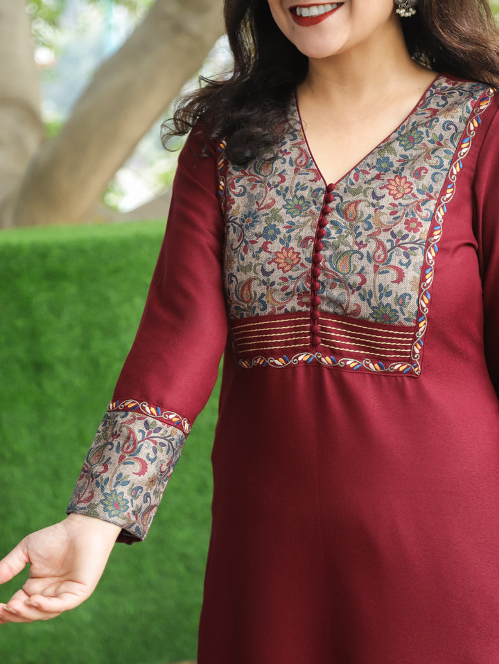 Tarang Maroon Wine Potli Button Work in Kanni Patch Neck Semi Pashmina Winter Kurti