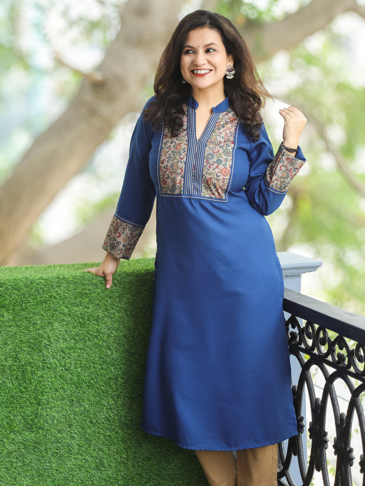 Kanakshi Marine Blue Running Stitch in Kanni Patch Neck Semi Pashmina Winter Kurti