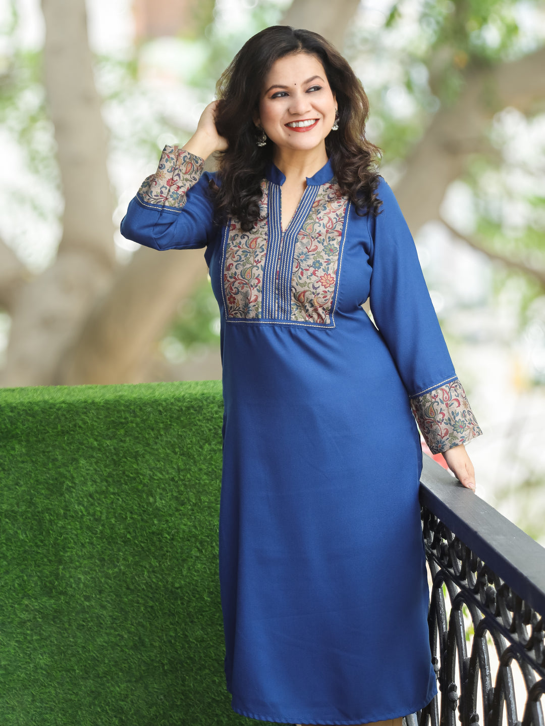 Kanakshi Marine Blue Running Stitch in Kanni Patch Neck Semi Pashmina Winter Kurti