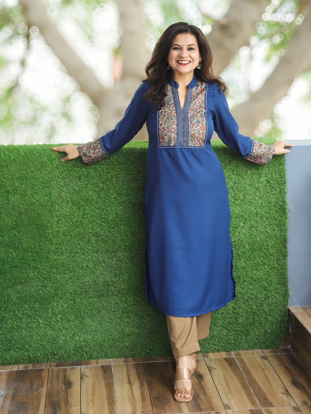 Kanakshi Marine Blue Running Stitch in Kanni Patch Neck Semi Pashmina Winter Kurti