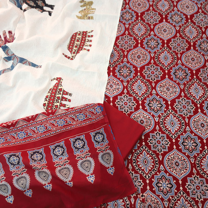 Kakaswi Berry Red Ajrak Printed Cotton Top with Applique Work Dupatta Set