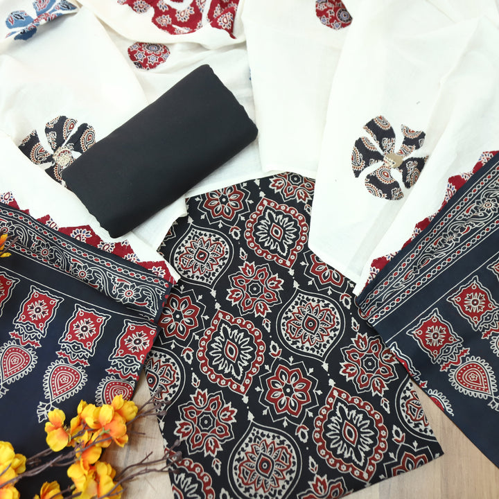 Kakaswi Midnight Black Ajrak Printed Cotton Top with Applique Work Dupatta Set