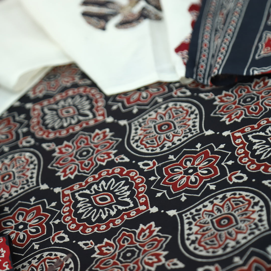 Kakaswi Midnight Black Ajrak Printed Cotton Top with Applique Work Dupatta Set