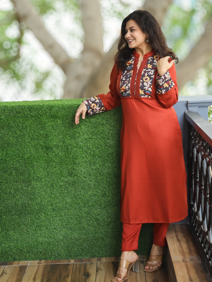 Kanakshi Rust Orange Running Stitch in Kalamkari Patch Neck Semi Pashmina Winter Kurti