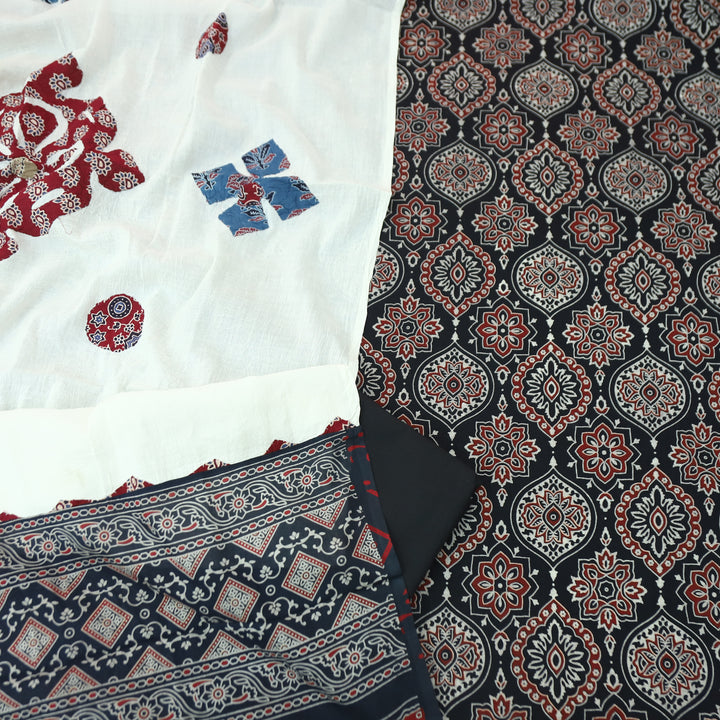 Kakaswi Midnight Black Ajrak Printed Cotton Top with Applique Work Dupatta Set