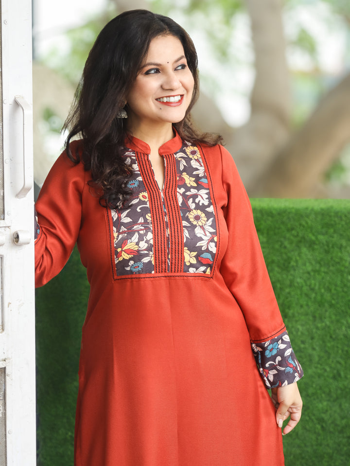 Kanakshi Rust Orange Running Stitch in Kalamkari Patch Neck Semi Pashmina Winter Kurti