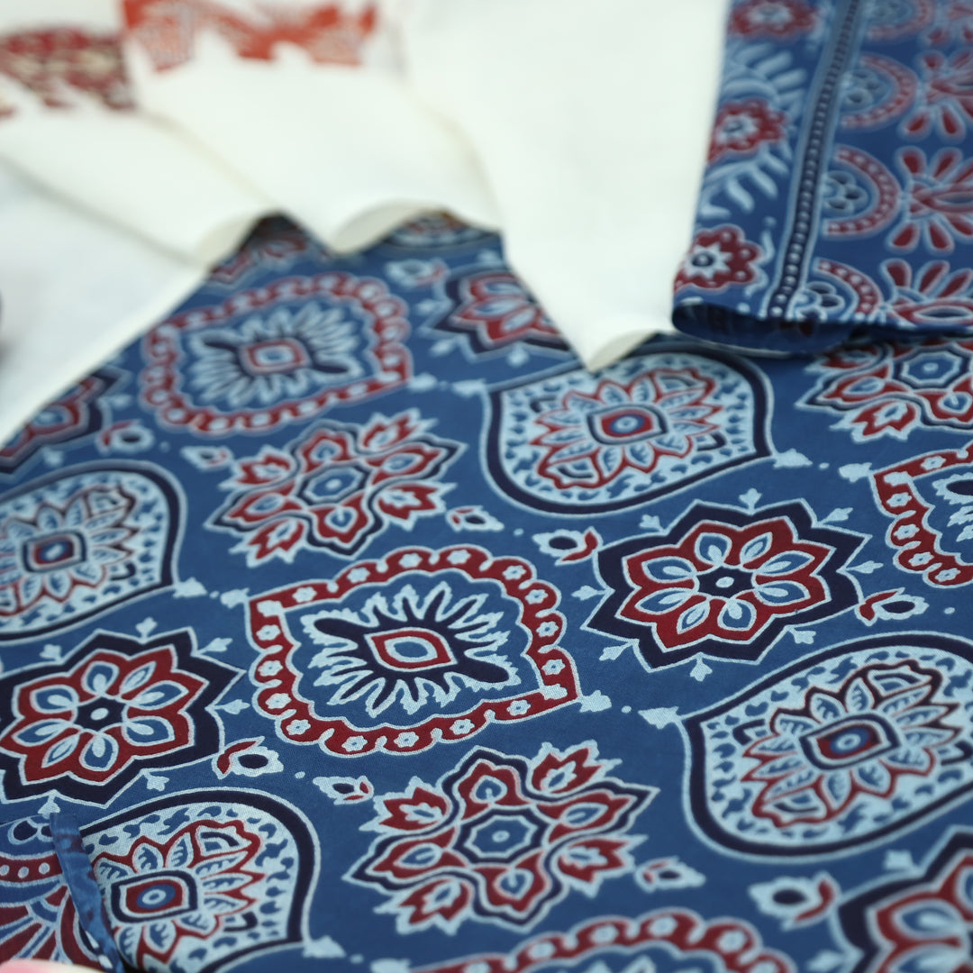 Kakaswi Denim Blue Ajrak Printed Cotton Top with Applique Work Dupatta Set