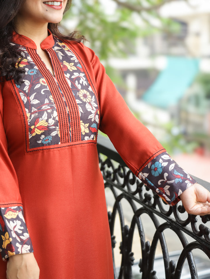 Kanakshi Rust Orange Running Stitch in Kalamkari Patch Neck Semi Pashmina Winter Kurti