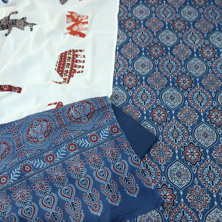 Kakaswi Denim Blue Ajrak Printed Cotton Top with Applique Work Dupatta Set