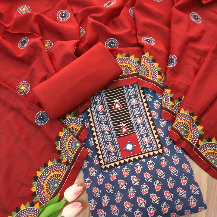 Vaniya Denim Blue Kutch Mirror Yoke Ajrak Print Cotton Set
