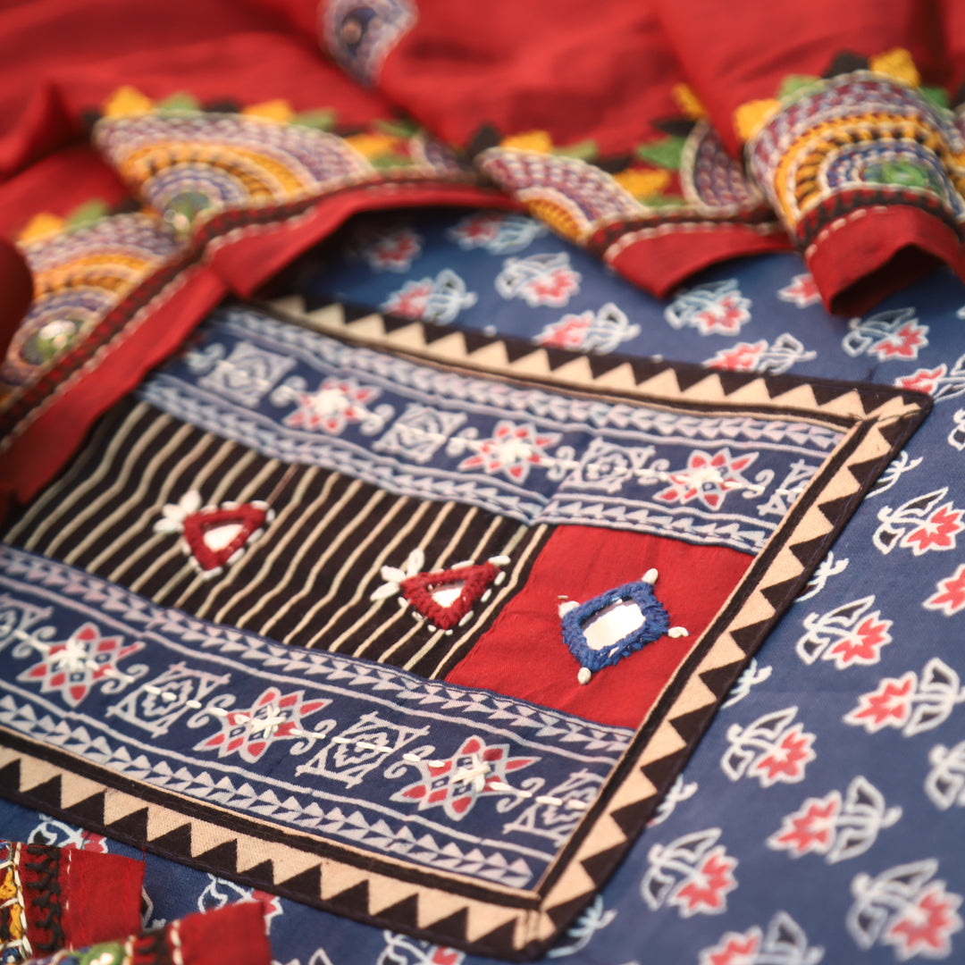 Vaniya Denim Blue Kutch Mirror Yoke Ajrak Print Cotton Set