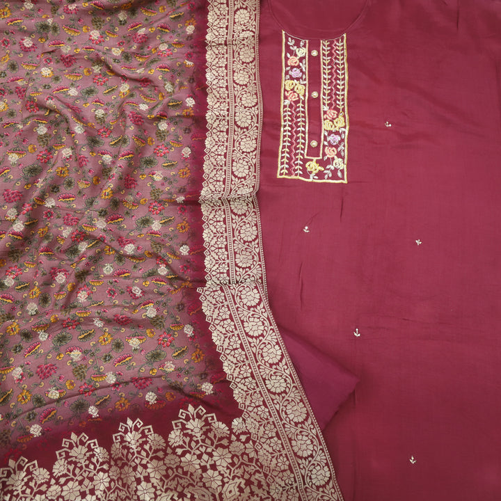 Bahaar Sangria Purple Designing Neck Work Dola Silk Suit Set