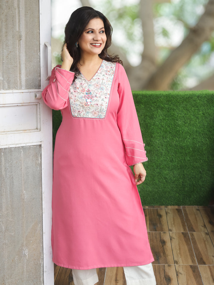 Rashi Pastel Pink with Mirror Work on Floral Print Patch Semi Pashmina Winter Kurti