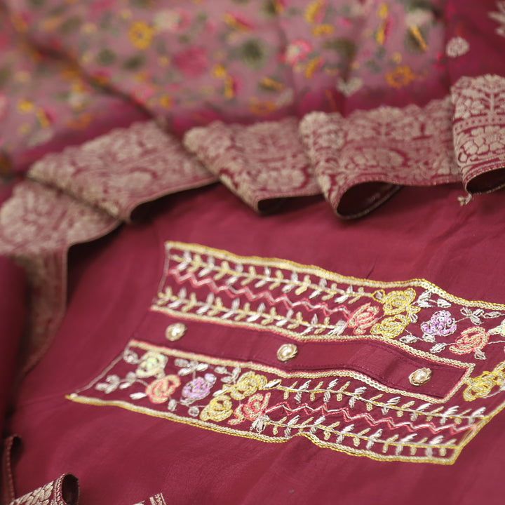 Bahaar Sangria Purple Designing Neck Work Dola Silk Suit Set