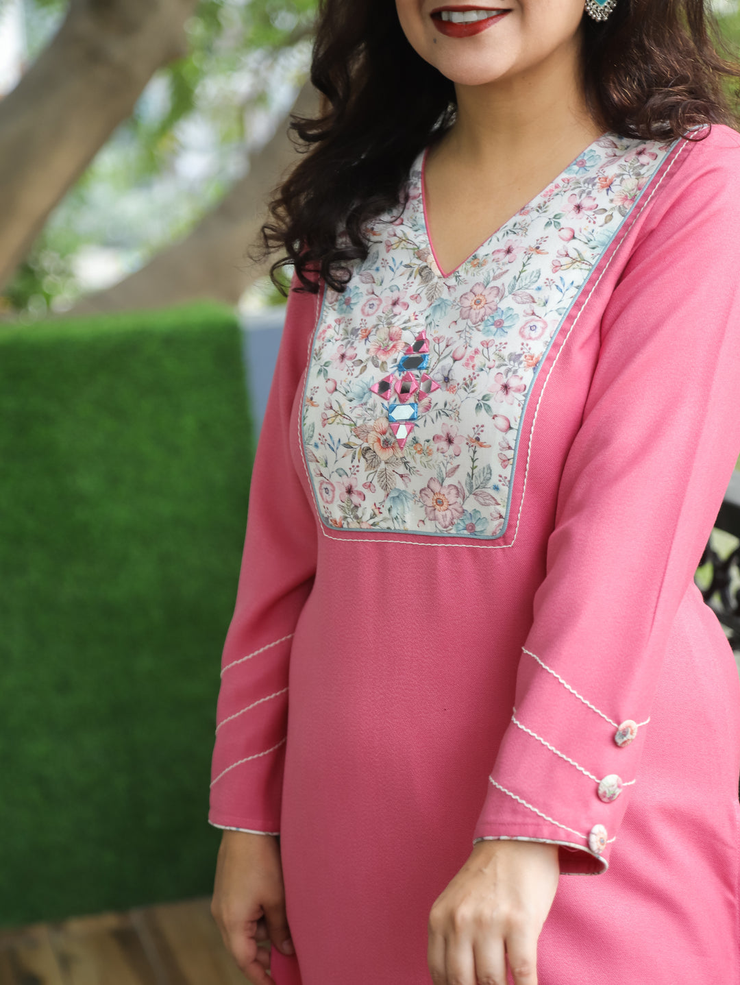 Rashi Pastel Pink with Mirror Work on Floral Print Patch Semi Pashmina Winter Kurti