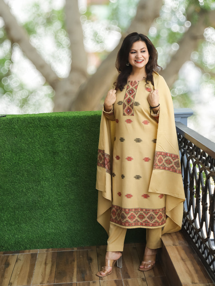 शैलजा Cream Beige Round Neck Kullu Thread Weaved Semi Pashmina Winter 3 Piece Set