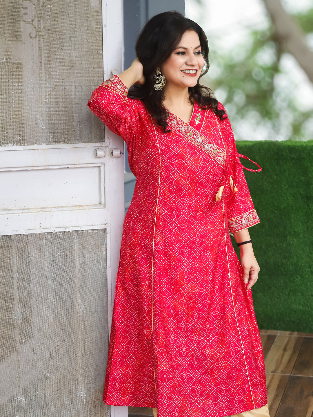 Deepti Rani Pink Angrakh Neck with Knot in Panel Style Bandhani Print Modal Kurti