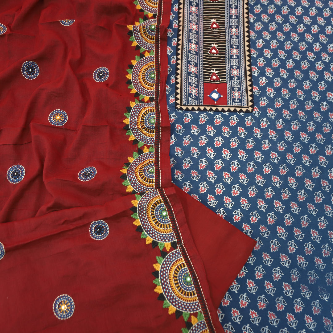 Vaniya Denim Blue Kutch Mirror Yoke Ajrak Print Cotton Set