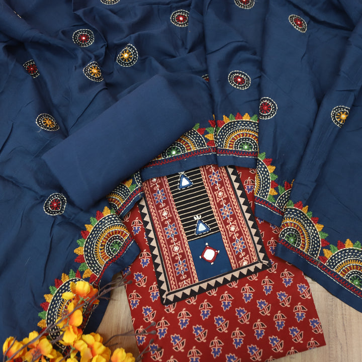 Vaniya Cherry Red Kutch Mirror Yoke Ajrak Print Cotton Set