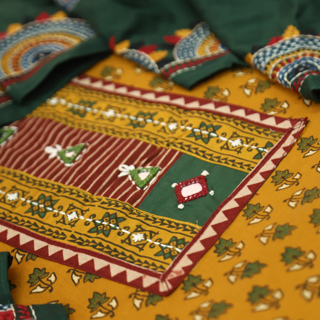 Vaniya Dijon Yellow  Kutch Mirror Yoke Ajrak Print Cotton Set