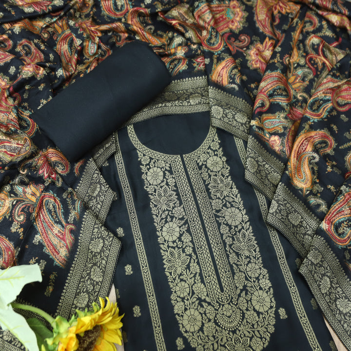 रुक्मणी Kajal Black Zari Weaved in Panel Style Work Semi Pashmina Winter Suit Set
