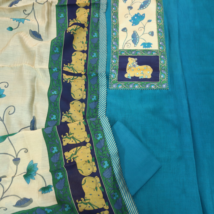 Harshi Cerulean Teal Pichwai Patch with Patra Maheswari Silk Set