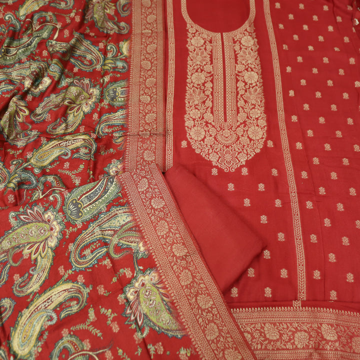 रुक्मणी Bride Red Zari Weaved in Panel Style Work Semi Pashmina Winter Suit Set
