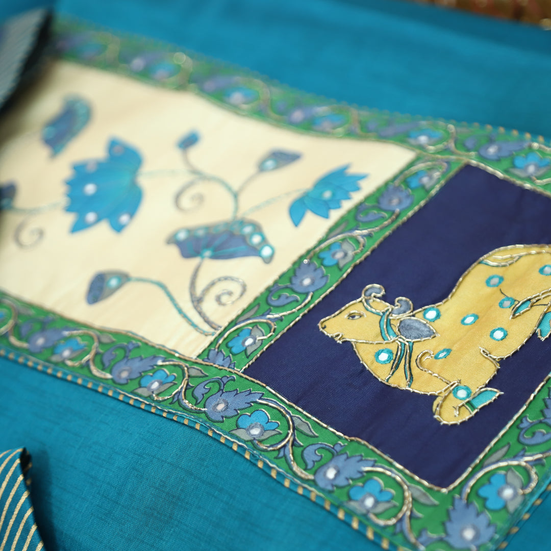 Harshi Cerulean Teal Pichwai Patch with Patra Maheswari Silk Set