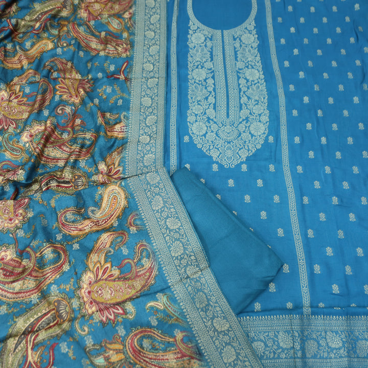 रुक्मणी Aashmani Blue Zari Weaved in Panel Style Work Semi Pashmina Winter Suit Set