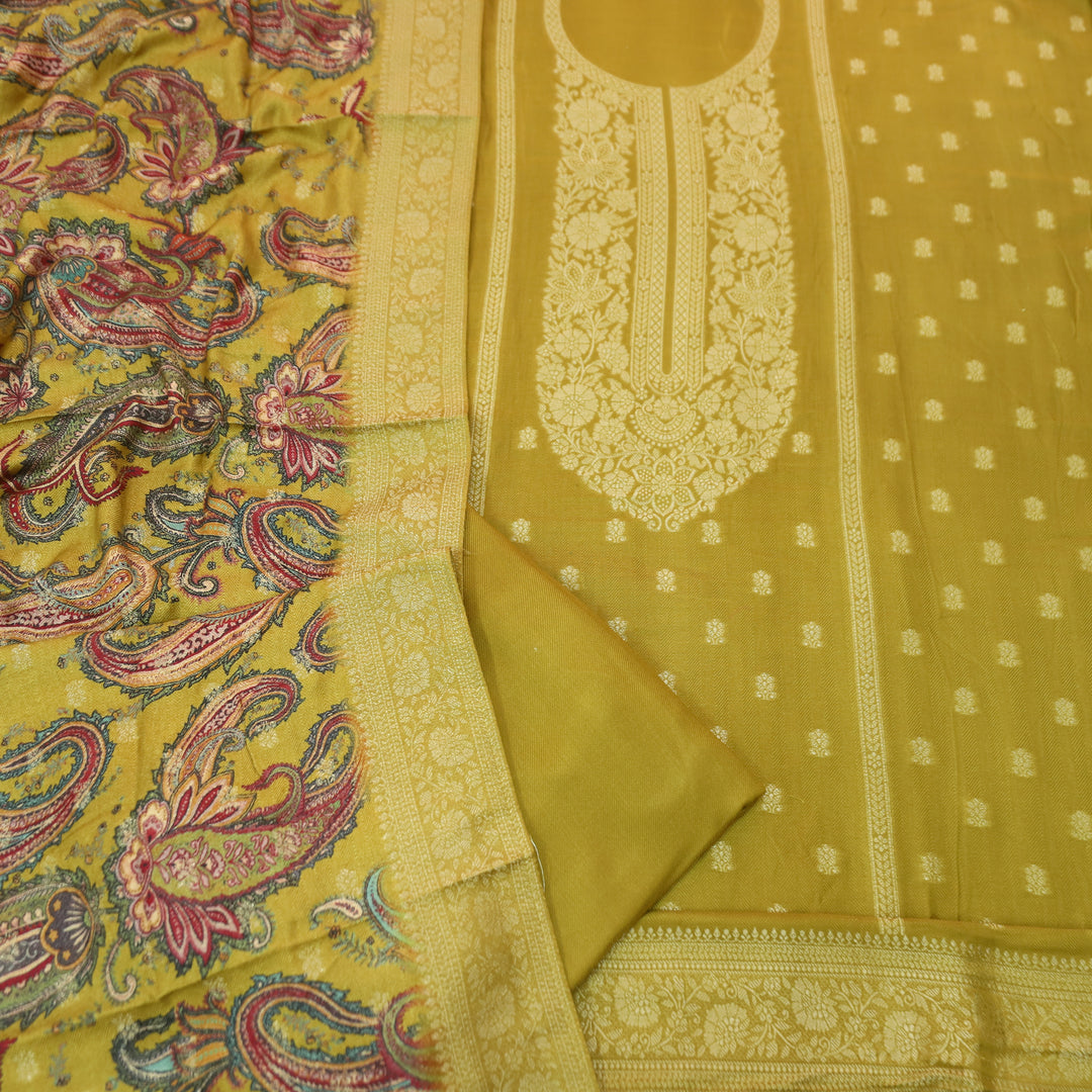 रुक्मणी Dandelion Yellow Zari Weaved in Panel Style Work Semi Pashmina Winter Suit Set